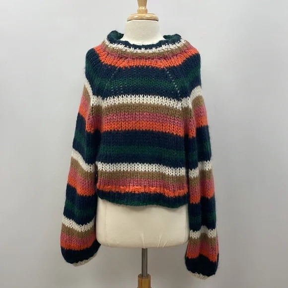Zara Striped Slouchy Chunky Knit Balloon Sleeve Crop Sweater Retro Boho Small - Picture 3 of 12